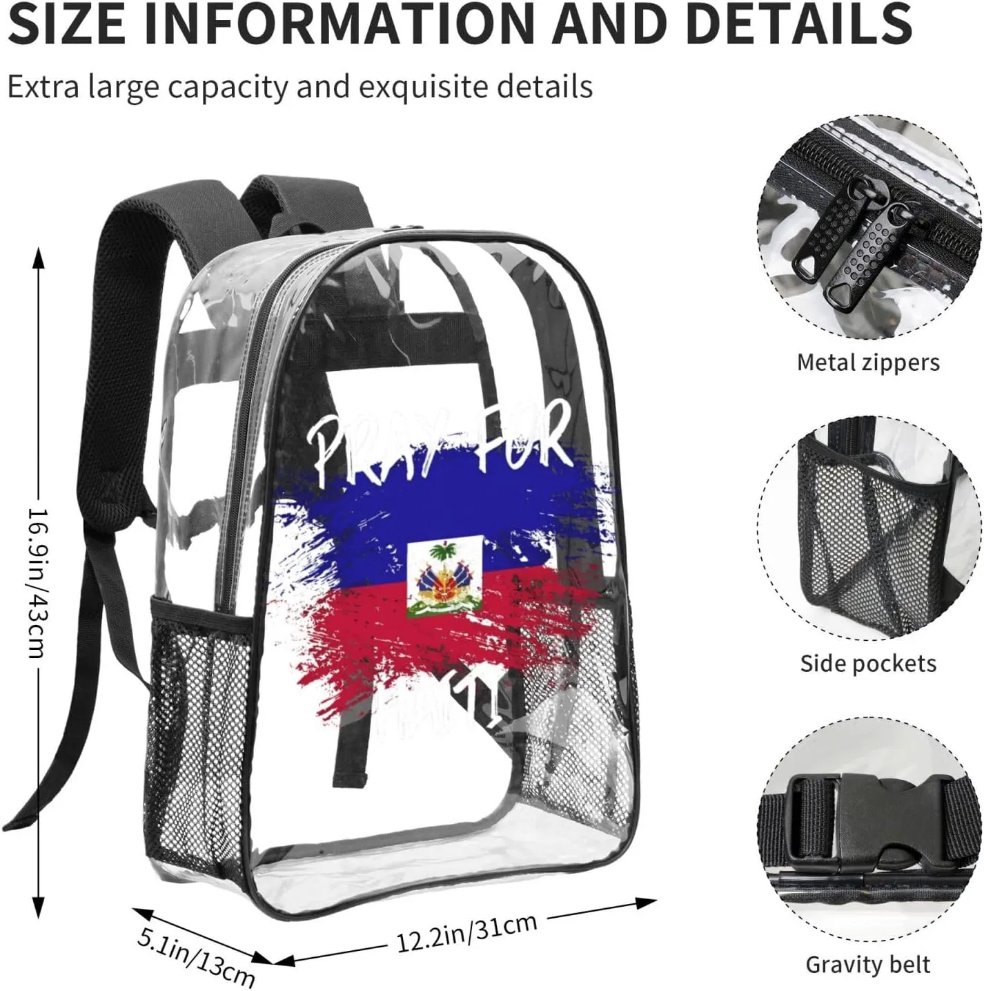 Haiti Flag Pray For Haiti 16 Inch Clear PVC Backpacks Transparent Backpack Multipurpose Double Shoulder Bag for Men Women Gifts