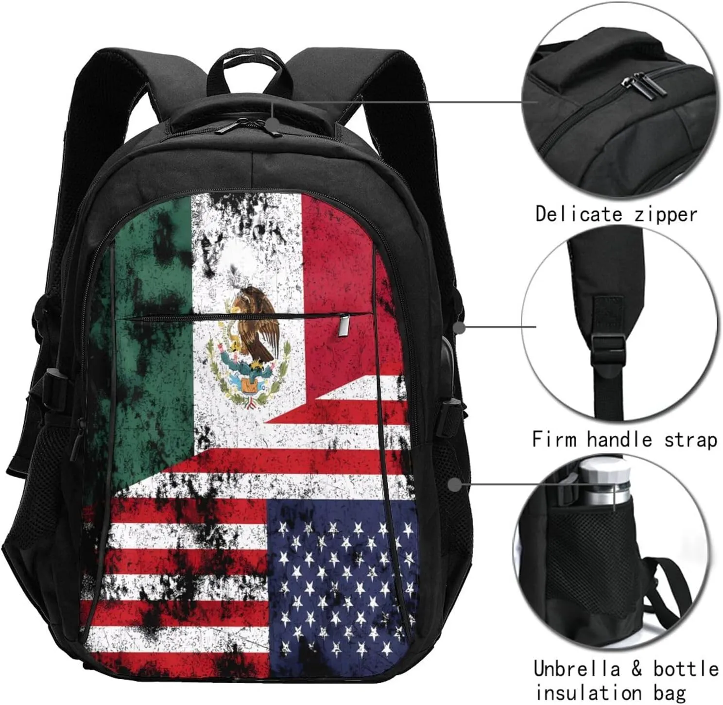 Half Mexico American Flag Casual Travel Backpacks Hiking Camping Backpack Large Outdoor Sport Daypack Laptop Rucksack Climbing Working Bags with USB Port