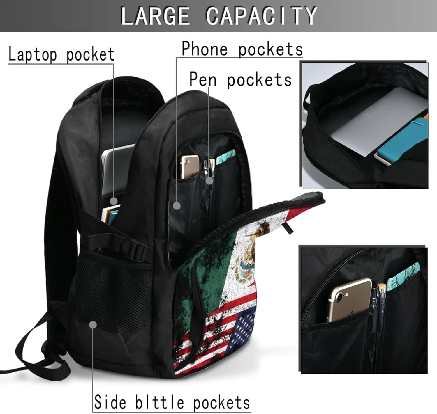Half Mexico American Flag Casual Travel Backpacks Hiking Camping Backpack Large Outdoor Sport Daypack Laptop Rucksack Climbing Working Bags with USB Port