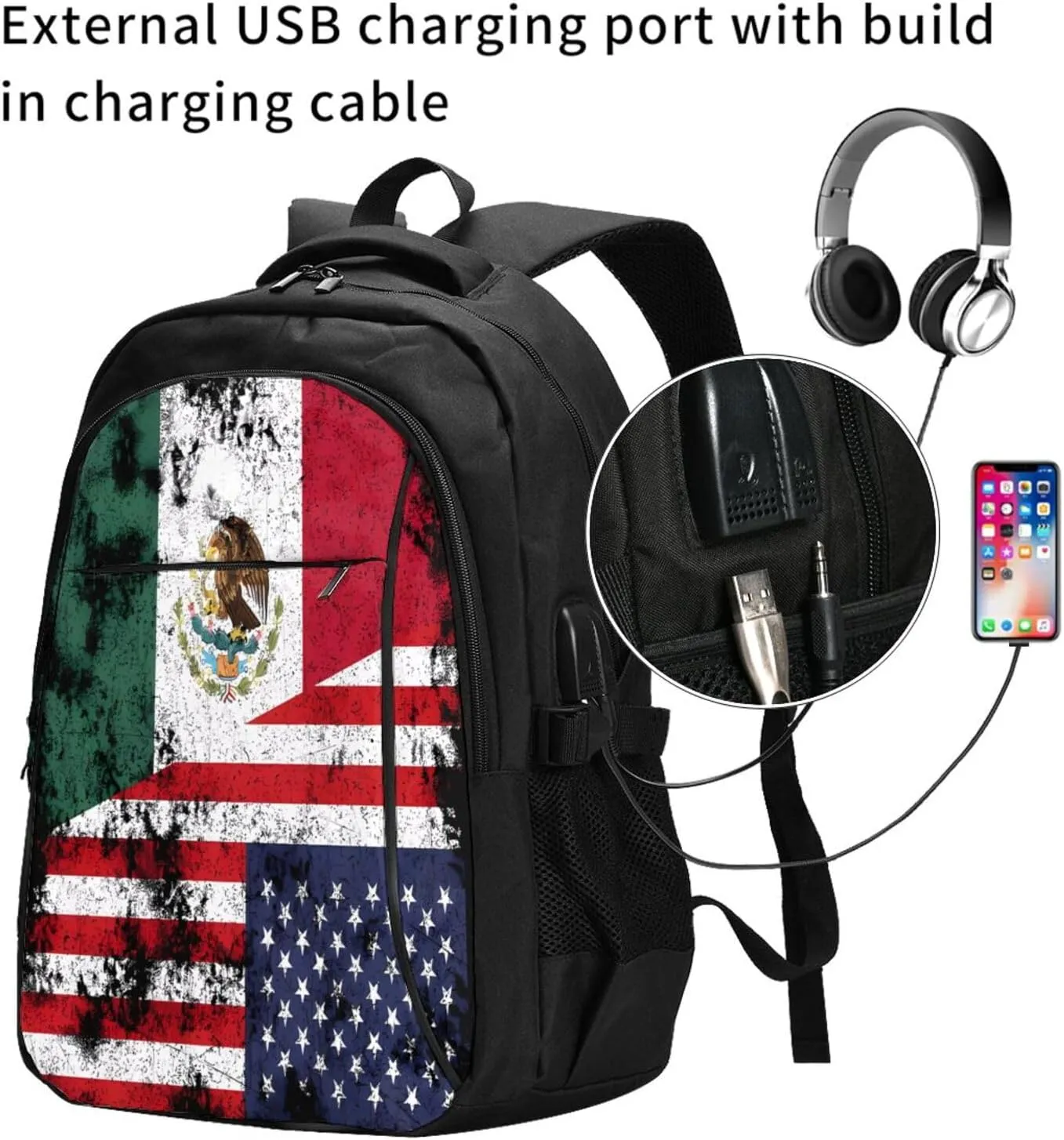 Half Mexico American Flag Casual Travel Backpacks Hiking Camping Backpack Large Outdoor Sport Daypack Laptop Rucksack Climbing Working Bags with USB Port