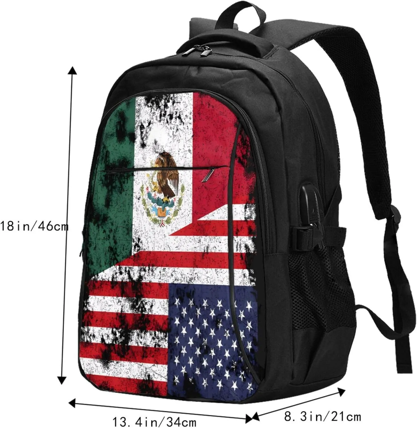 Half Mexico American Flag Casual Travel Backpacks Hiking Camping Backpack Large Outdoor Sport Daypack Laptop Rucksack Climbing Working Bags with USB Port