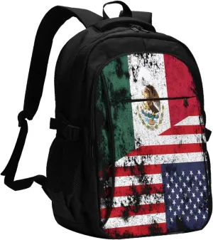 Half Mexico American Flag Casual Travel Backpacks Hiking Camping Backpack Large Outdoor Sport Daypack Laptop Rucksack Climbing Working Bags with USB Port