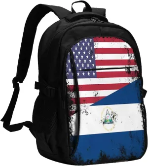 Half Nicaraguan Flag Design Vintage Nicaragua USA Business Laptop Backpack Travel Backpacks Outdoor Rucksack Large Bag Daypack with USB Charging Port Multi-Pocket for Hiking Camping
