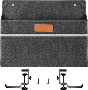 Hanging Desk Side Organizer with 3-Pocket Design & 2 Rotating Headphone Hooks, Dirt-Resistant Felt Storage Bag for Standing Desk Accessories, Office Supplies