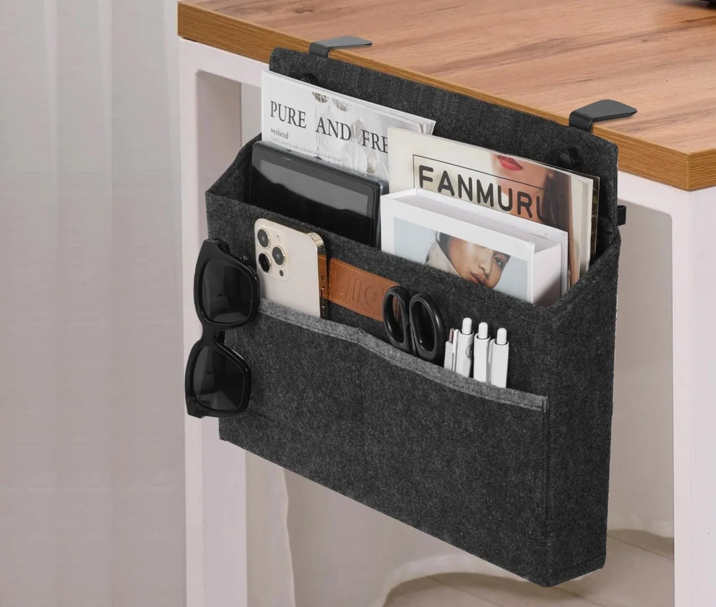 Hanging Desk Side Organizer with 3-Pocket Design & 2 Rotating Headphone Hooks, Dirt-Resistant Felt Storage Bag for Standing Desk Accessories, Office Supplies