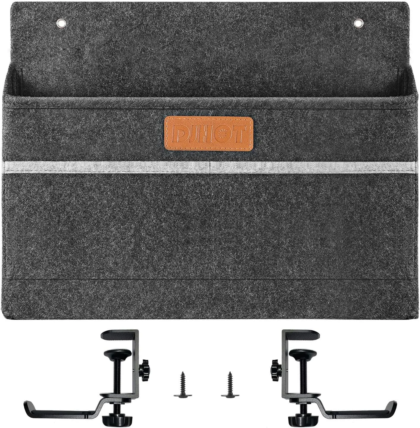 Hanging Desk Side Organizer with 3-Pocket Design & 2 Rotating Headphone Hooks, Dirt-Resistant Felt Storage Bag for Standing Desk Accessories, Office Supplies