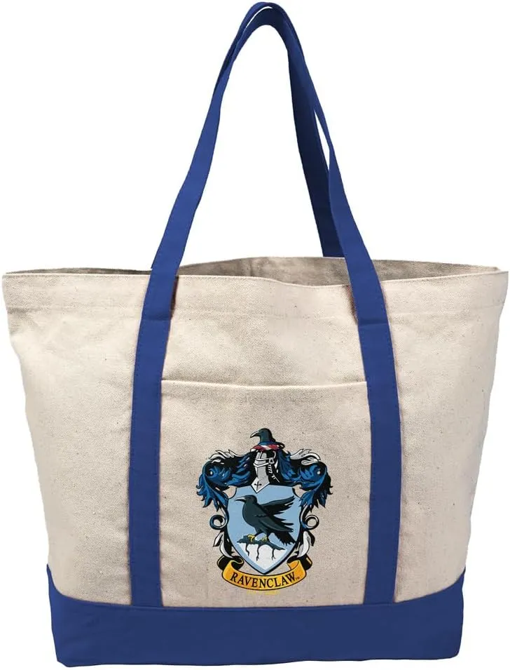Harry Potter Ravenclaw Crest Canvas Tote Bag With External Pocket, Reusable Shoulder Bag for Shopping, Beach, Royal