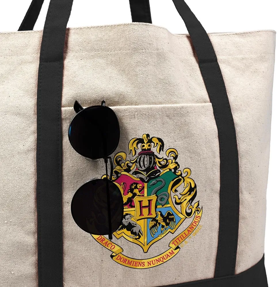 HarryPotter Hogwarts School Crest Tote Bag With External Pocket, Reusable Shoulder Bag for Shopping, Beach, Royal Collection