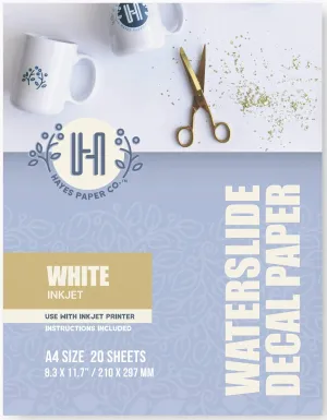Hayes Paper, Waterslide Decal Paper INKJET WHITE 20 Sheets Premium Water Slide Transfer Paper, Bright White, A4 Size, 8.25 x 11.7 Inch