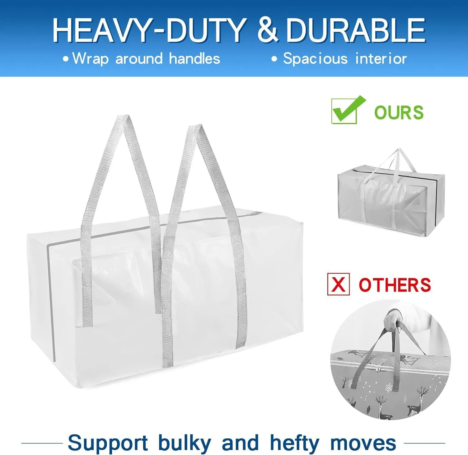 Heavy Duty Extra Large Moving Bags with Extra Long Handles -Includes Backpack Straps - Easy Storage For Space Saving (Grey)