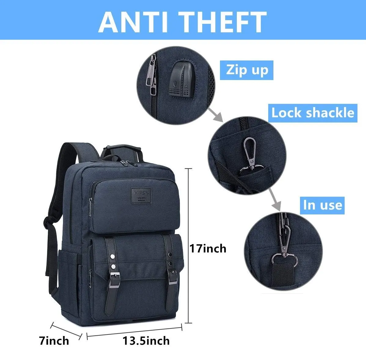 HFSX Laptop Backpack Women Men College Backpacks Bookbag Vintage Backpack Book Bag Water Resistant fit 15.6 Inch Laptop Blue
