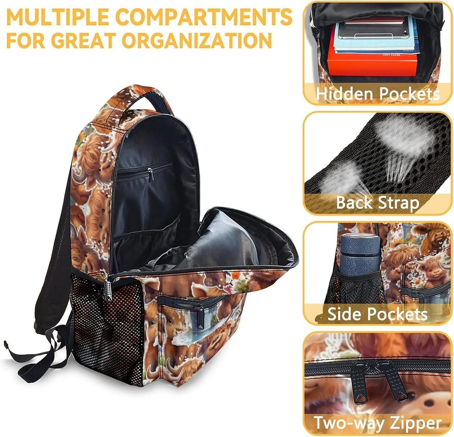 Highland Cow Backpack with Lunch Box, Set of 3 School Backpacks Matching Combo, Cute Brown Bookbag and Pencil Case Bundle