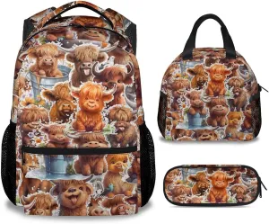 Highland Cow Backpack with Lunch Box, Set of 3 School Backpacks Matching Combo, Cute Brown Bookbag and Pencil Case Bundle