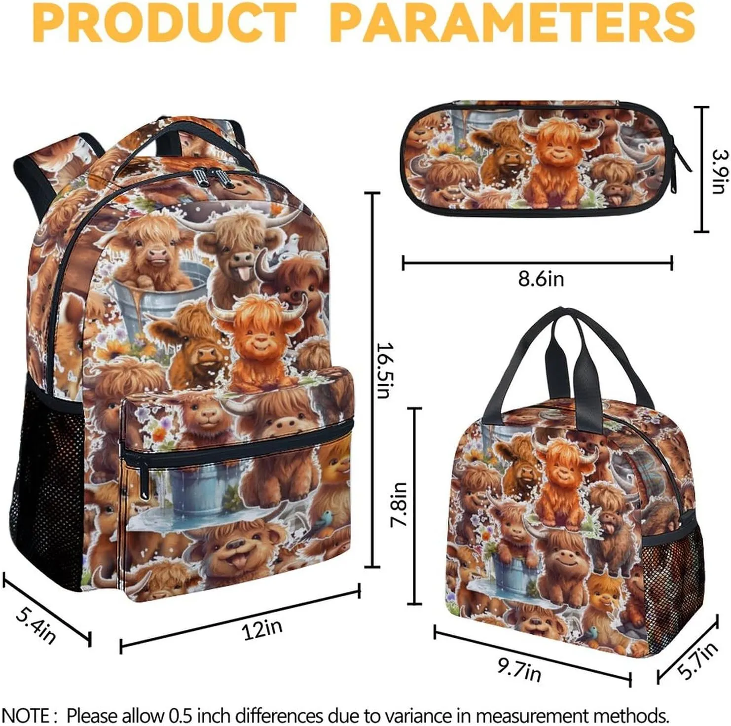 Highland Cow Backpack with Lunch Box, Set of 3 School Backpacks Matching Combo, Cute Brown Bookbag and Pencil Case Bundle