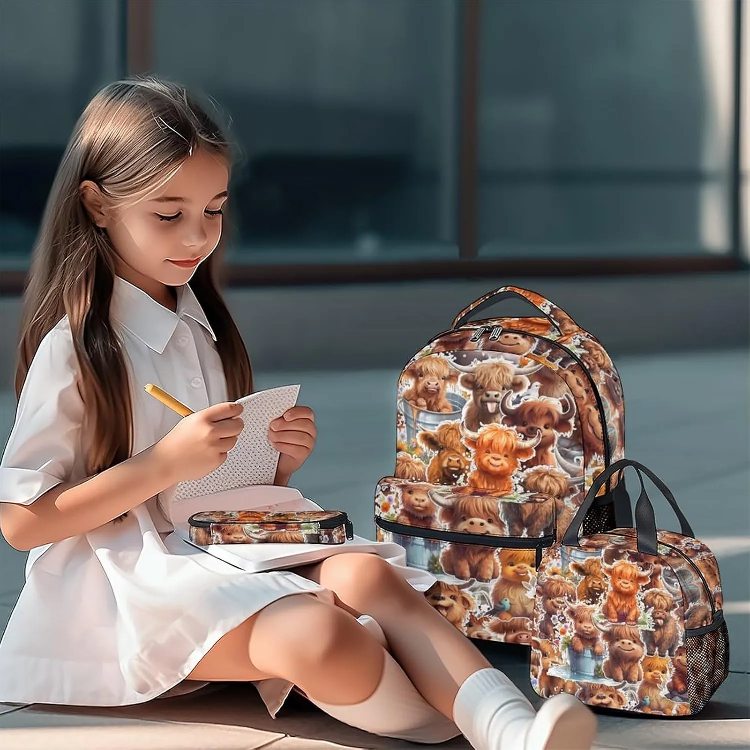 Highland Cow Backpack with Lunch Box, Set of 3 School Backpacks Matching Combo, Cute Brown Bookbag and Pencil Case Bundle