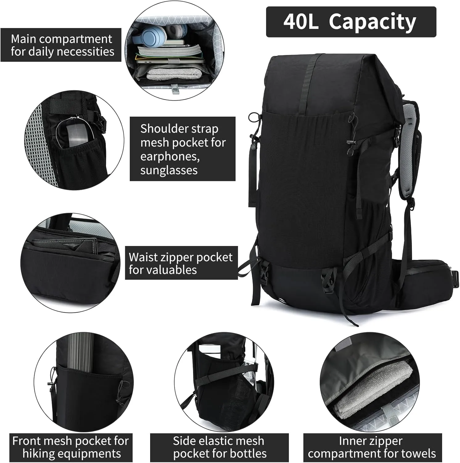 Hiking Backpack,30L  10L Extra Large Capacity Hiking Bag, Internal Frame Camping Backpack,Upgraded X-PAC Lightweight Sport Daypack Travel Backpacks Fit For Mountain Climbing Camping (Black)