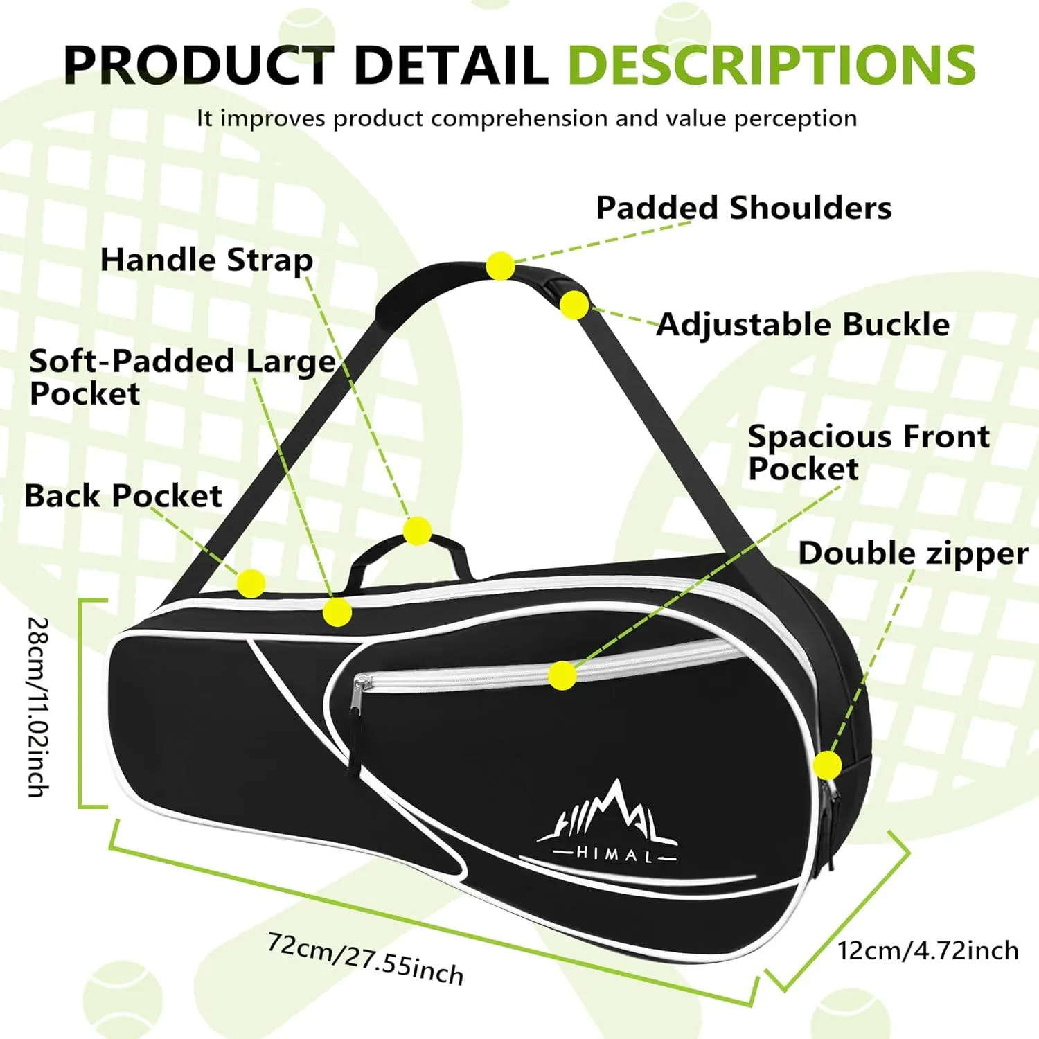 Himal 3 Racquet Tennis Bag With Protective Pad, tennis racket bag for Men Women, Sports enthusiasts of all ages
