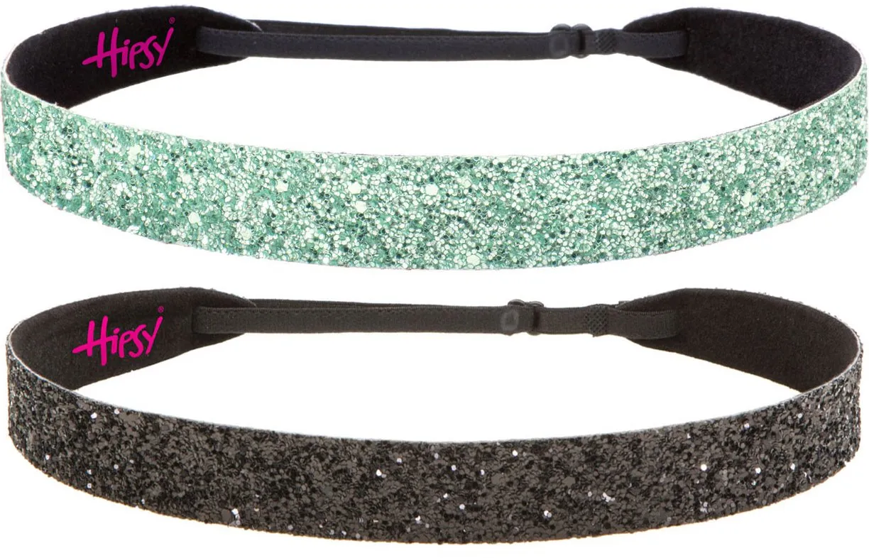 Hipsy Adjustable No Slip Wide Bling Glitter Headband 2-packs for Women Girls & Teens (Black & Seafoam)