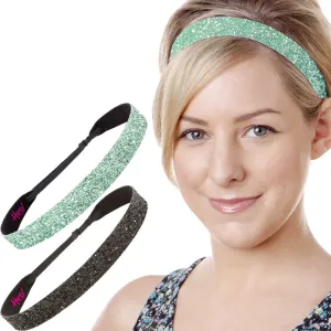 Hipsy Adjustable No Slip Wide Bling Glitter Headband 2-packs for Women Girls & Teens (Black & Seafoam)