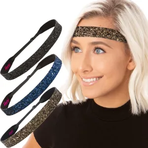 Hipsy Adjustable No Slip Wide Bling Glitter Headband 3-packs for Women Girls & Teens (Black/Navy Blue/Brown)