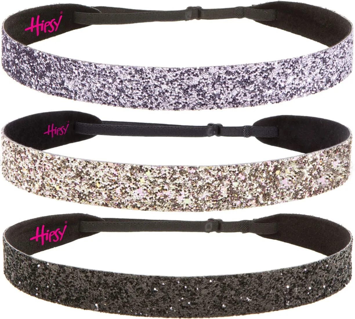 Hipsy Adjustable No Slip Wide Bling Glitter Headband 3-packs for Women Girls & Teens (Black/Rose Gold/Gunmetal)