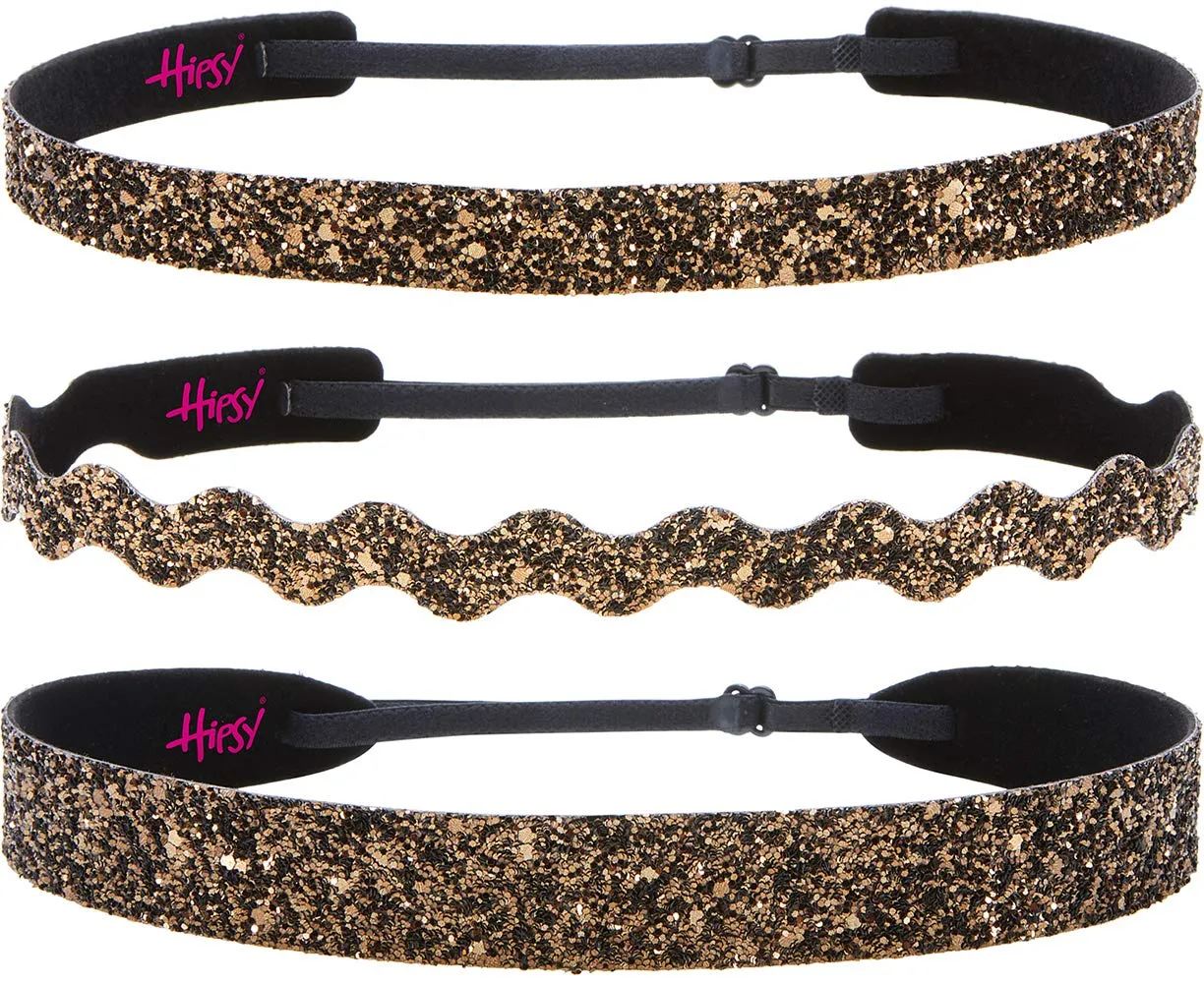 Hipsy PLUS Size, Adjustable No Slip Sparkly Bling Mixed 3pk Headbands for Women Girls & Teens (Bling Glitter Mixed Brown)