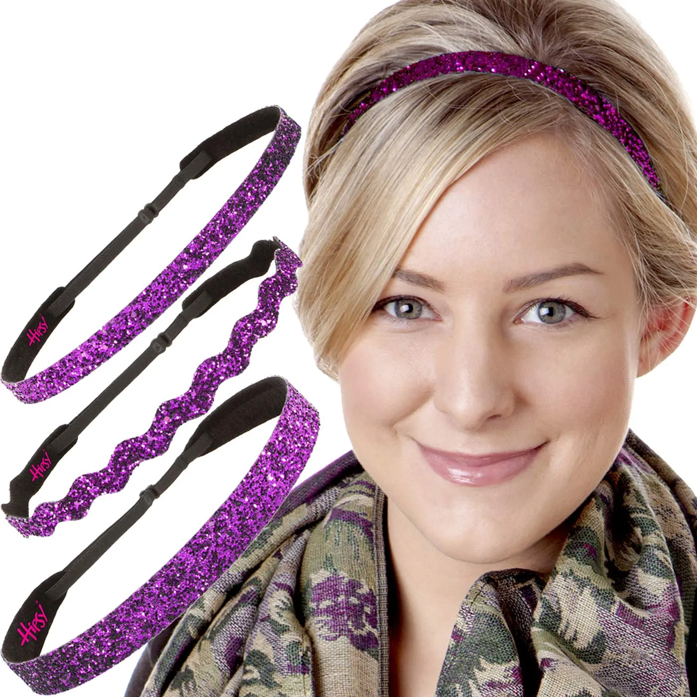 Hipsy PLUS Size, Adjustable No Slip Sparkly Bling Mixed 3pk Headbands for Women Girls & Teens (Bling Glitter Mixed Fuchsia)