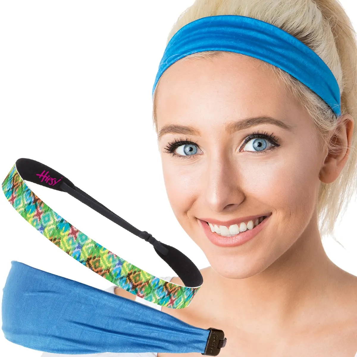 Hipsy Xflex & Fashion Printed No Slip Headband Mixed 2-packs for Women Girls Teens (Blue Xflex & Green Tribal Diamonds)