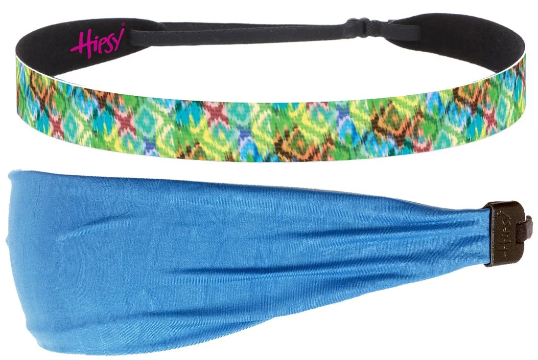 Hipsy Xflex & Fashion Printed No Slip Headband Mixed 2-packs for Women Girls Teens (Blue Xflex & Green Tribal Diamonds)