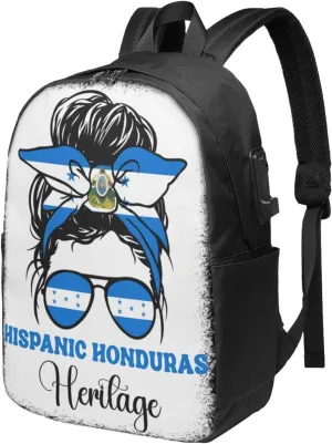 Honduras Flag Hispanic Heritage Month Messy Bun Travel Backpack 17-Inch Laptop Backpacks Business Rucksack Casual Sport Daypack with USB Charging Port Carry-on Bag for Camping Biking