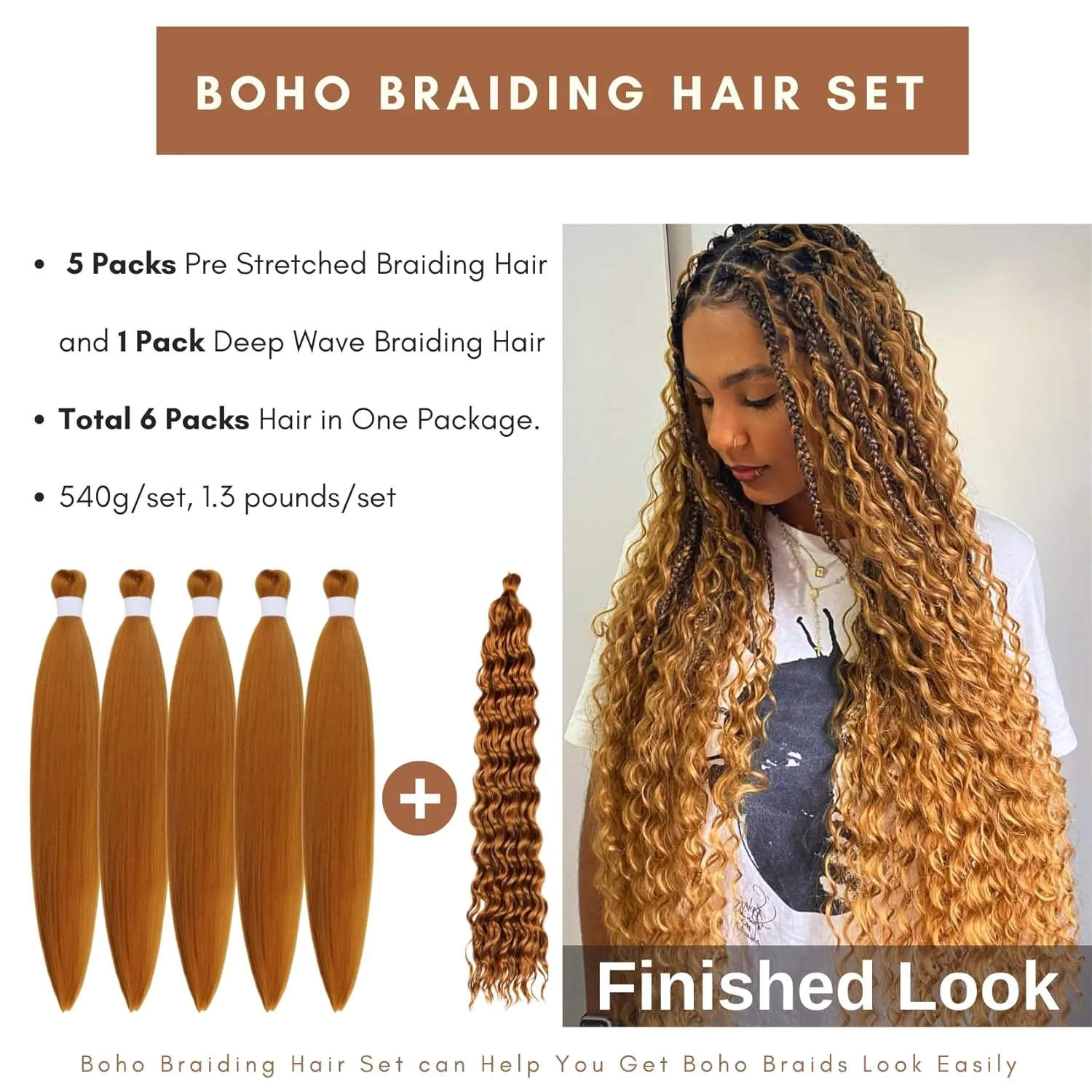 Honey Blonde Braiding Hair Pre Stretched for Braids 27# Knotless Boho Hair for Braiding(6 Packs)
