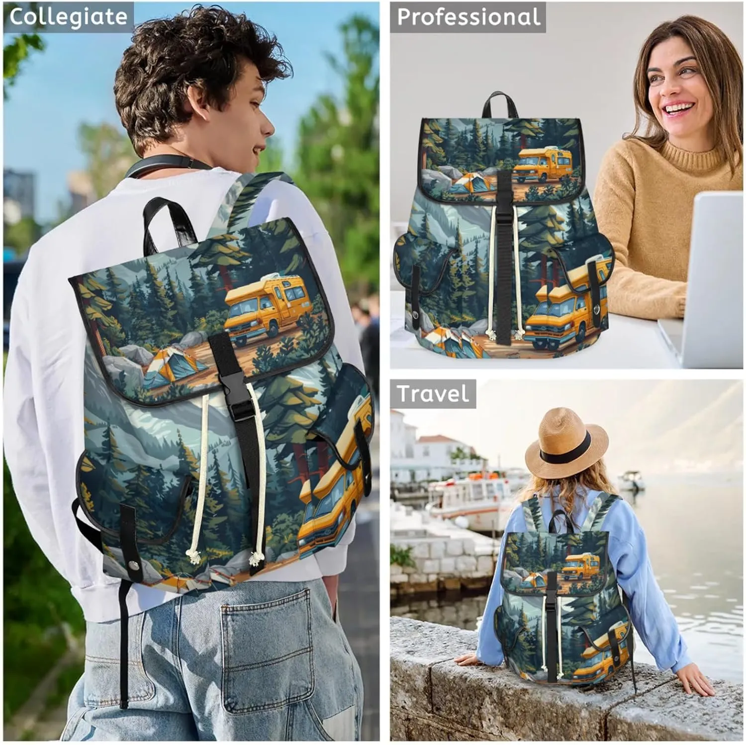 Honeybaby Vintage Waterproof Laptop Backpack for Men/Women Travel Essentials Backpack Expandable Carry On Bag with Anti-Theft Compartment Fits 15" Notebook Camping Theme