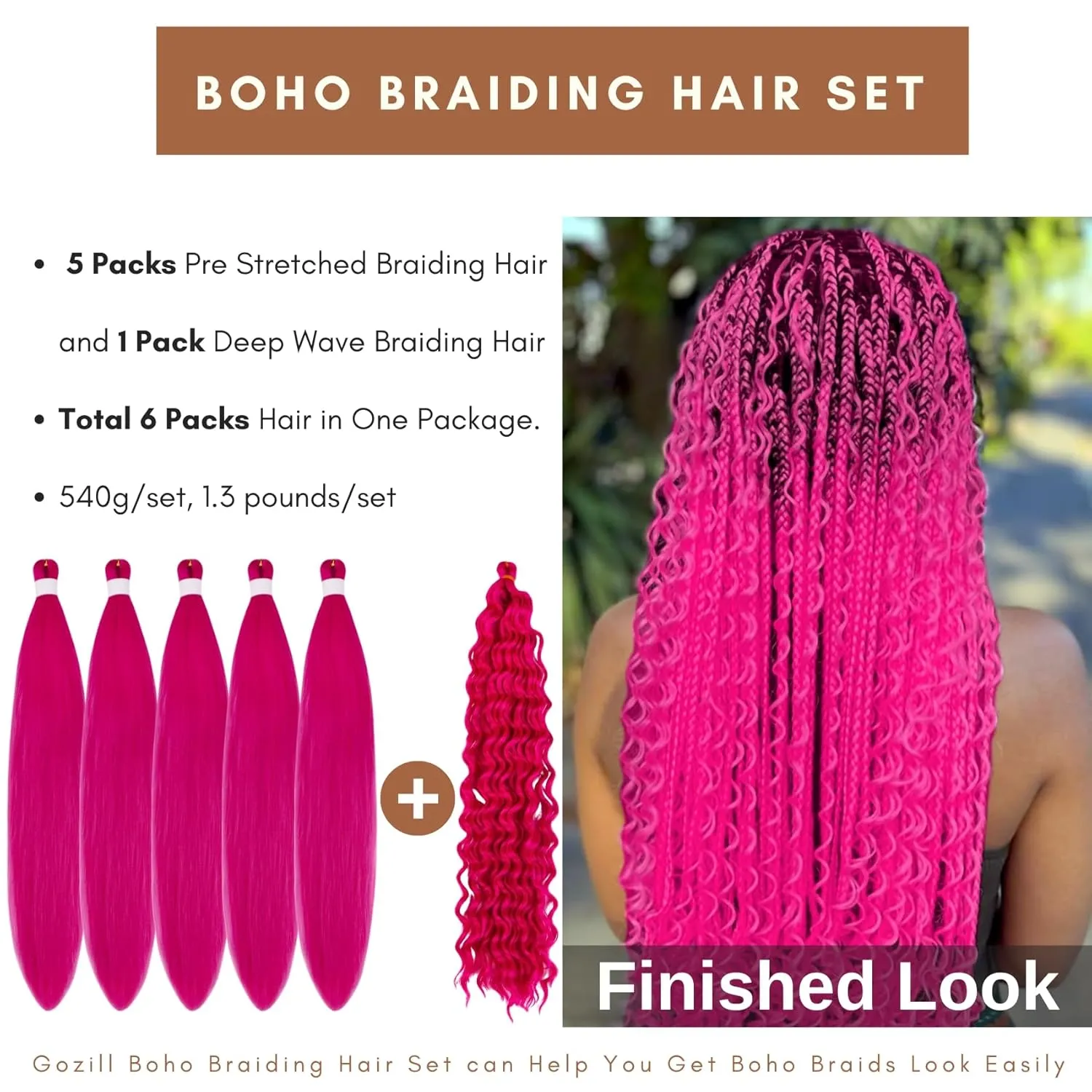 Hot Pink Boho Hair For Braiding Synthetic Pre Stretched Knotless Braiding Hair EZ Braids for Boho Braids(6 Packs)