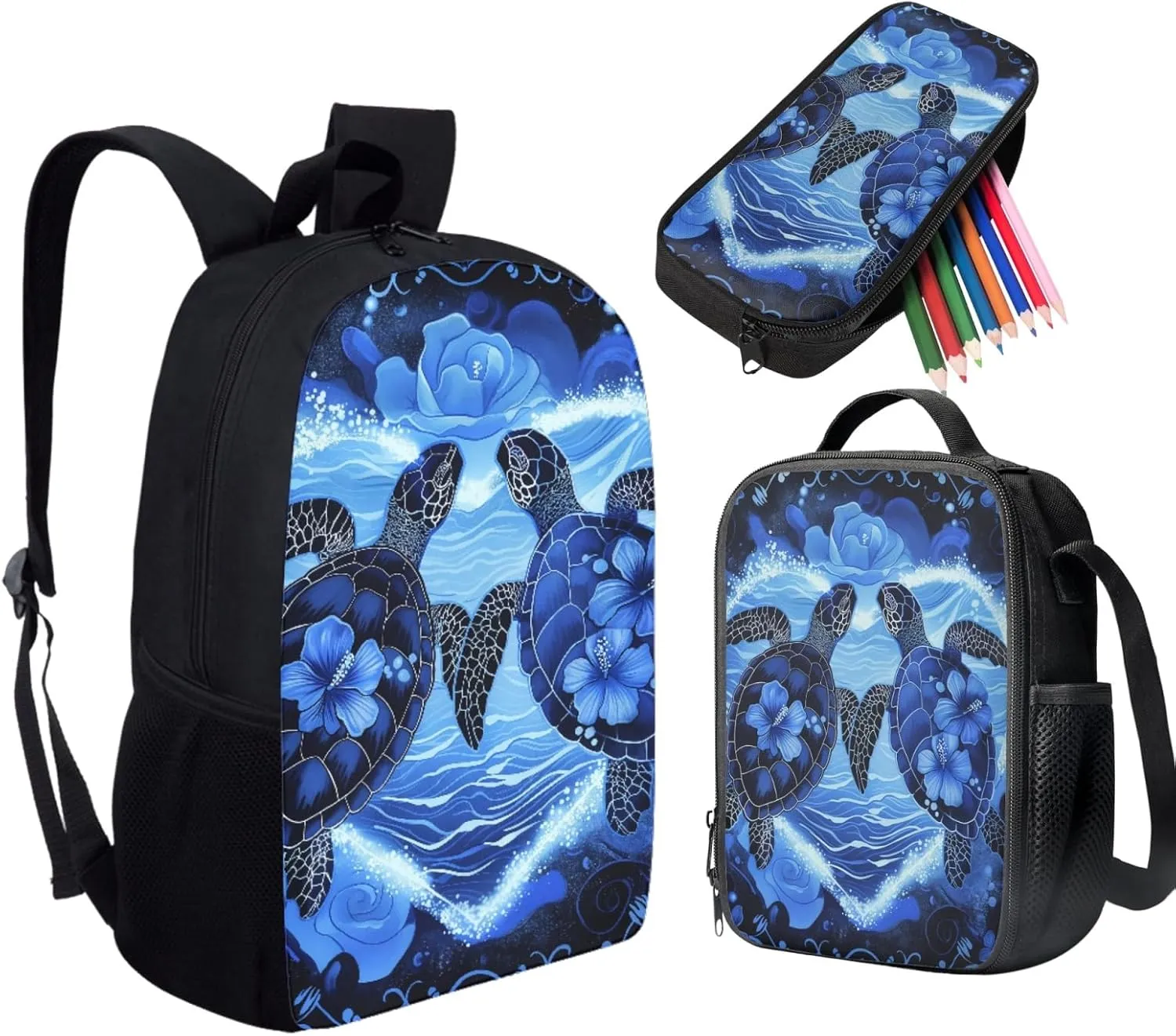 HUGS IDEA 3 Pcs School Bag Set with Thermal Insulated Lunch Tote Purse Pencil Case