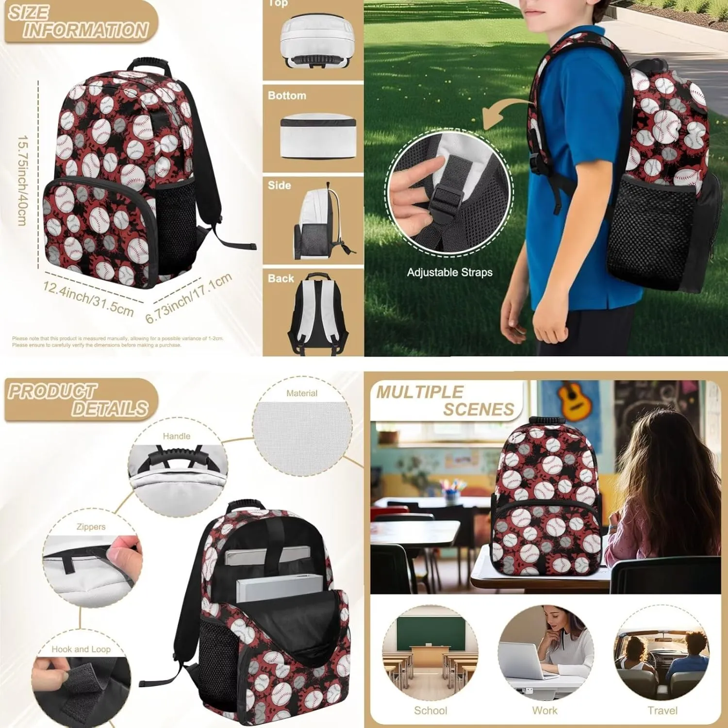 HUGS IDEA Baseball Backpack for School Boys Toddler Backpack for Kids Kindergarten School Bag for Boys 4-6 Cute Bookbag with Lunchbox for Kids 15 Inch Children Backpacks for Preschool