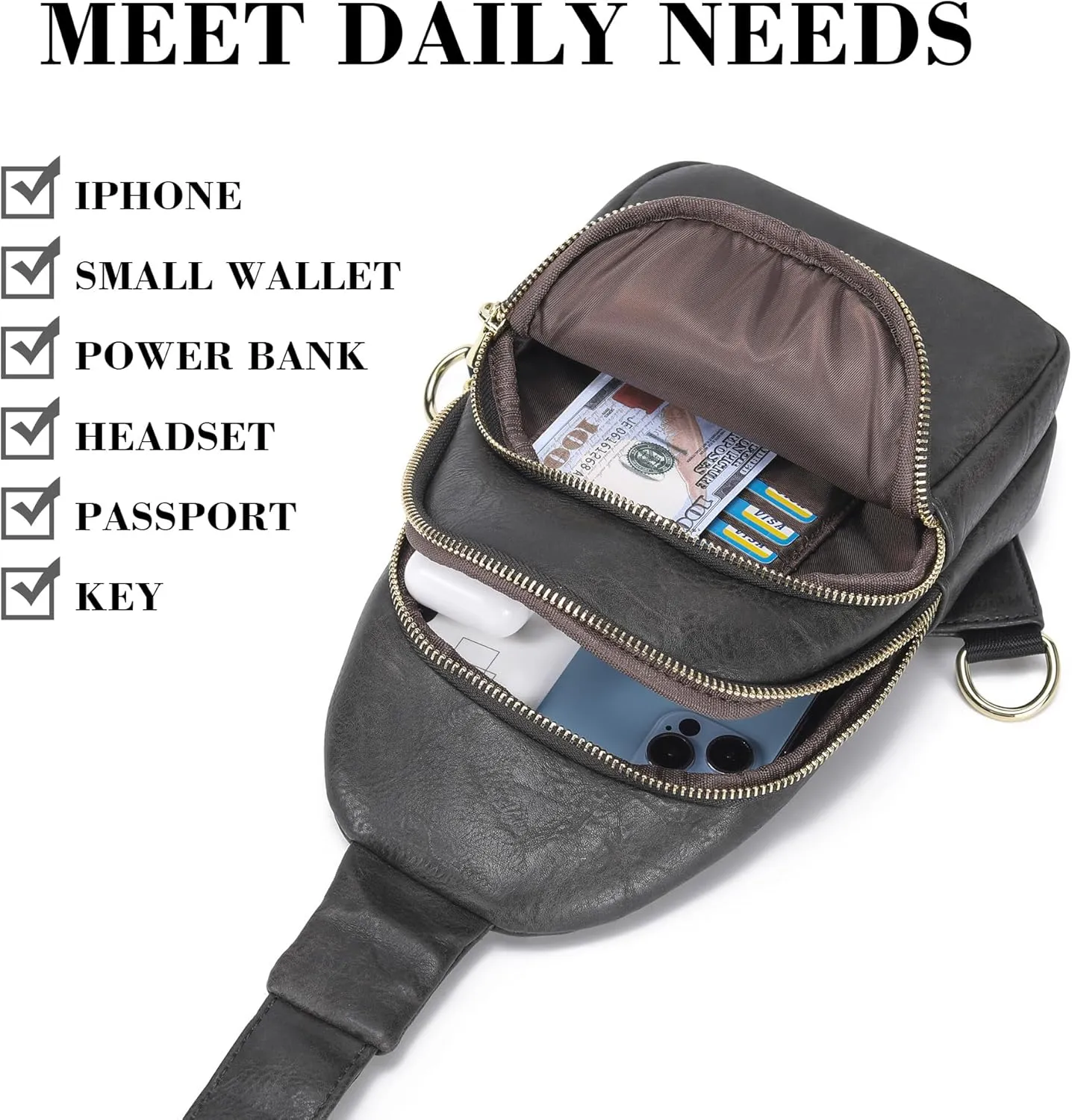 INICAT Crossbody Sling Bags Fanny Packs Leather Purses Chest Bag for Women