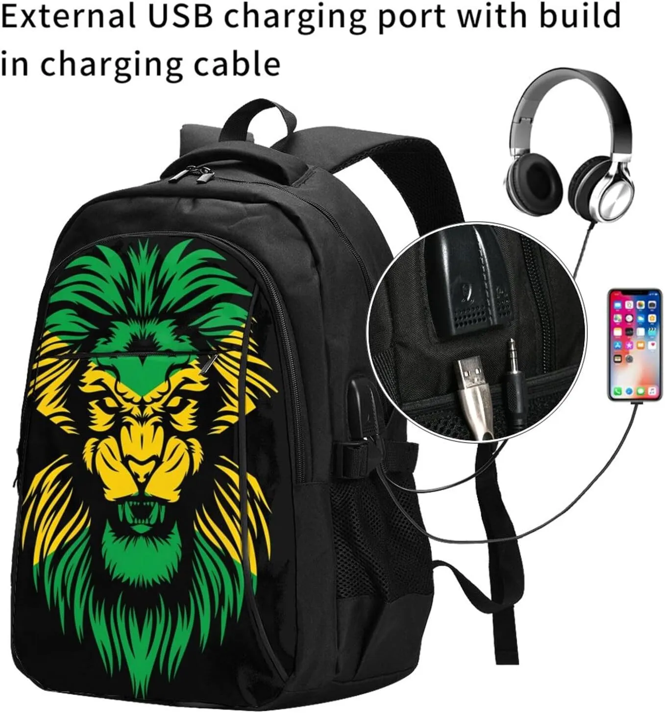 Jamaican Flag Rasta Lion Head Casual Travel Backpacks Hiking Camping Backpack Large Outdoor Sport Daypack Laptop Rucksack Climbing Working Bags with USB Port