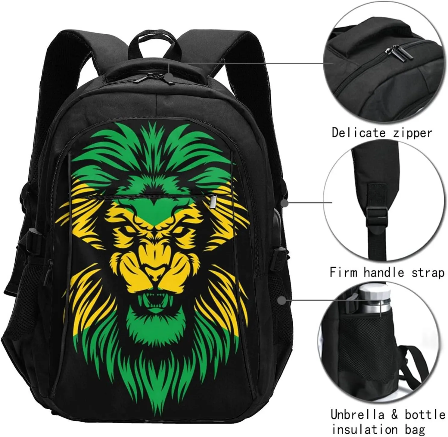 Jamaican Flag Rasta Lion Head Casual Travel Backpacks Hiking Camping Backpack Large Outdoor Sport Daypack Laptop Rucksack Climbing Working Bags with USB Port