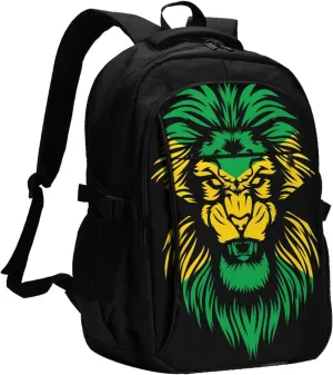 Jamaican Flag Rasta Lion Head Casual Travel Backpacks Hiking Camping Backpack Large Outdoor Sport Daypack Laptop Rucksack Climbing Working Bags with USB Port