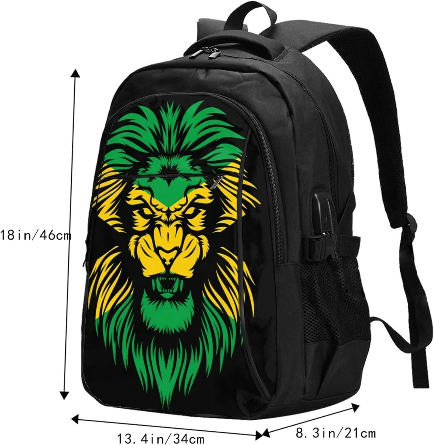Jamaican Flag Rasta Lion Head Casual Travel Backpacks Hiking Camping Backpack Large Outdoor Sport Daypack Laptop Rucksack Climbing Working Bags with USB Port