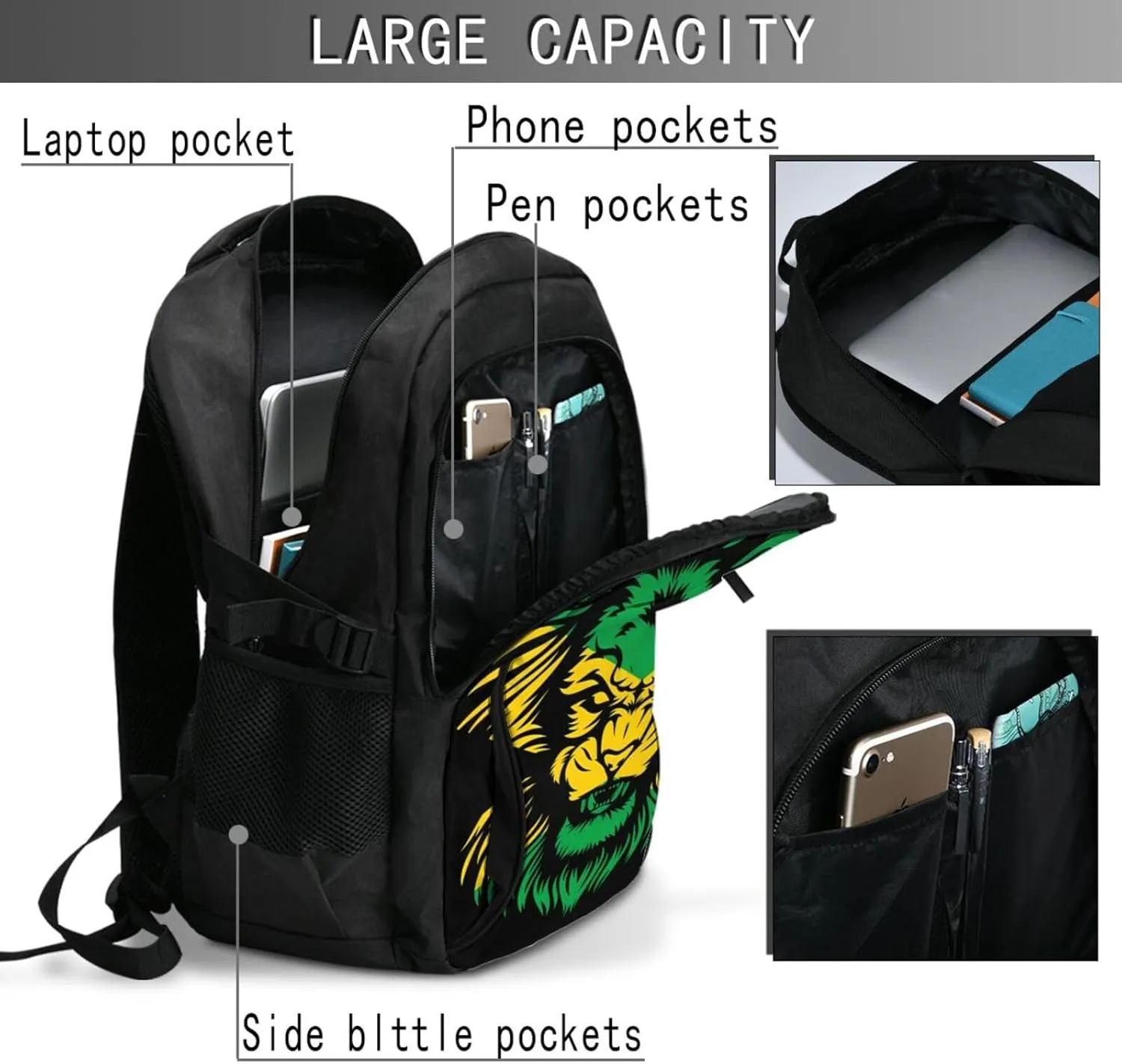 Jamaican Flag Rasta Lion Head Casual Travel Backpacks Hiking Camping Backpack Large Outdoor Sport Daypack Laptop Rucksack Climbing Working Bags with USB Port