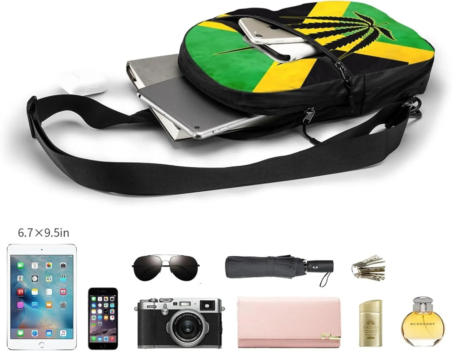 Jamaican Flag With Leaf Portable Crossbody Bag Foldable Sling Bags Sports Gym Chest Daypack Reusable Shoulder Backpack Casual Diagonally Rucksack Fanny Packs