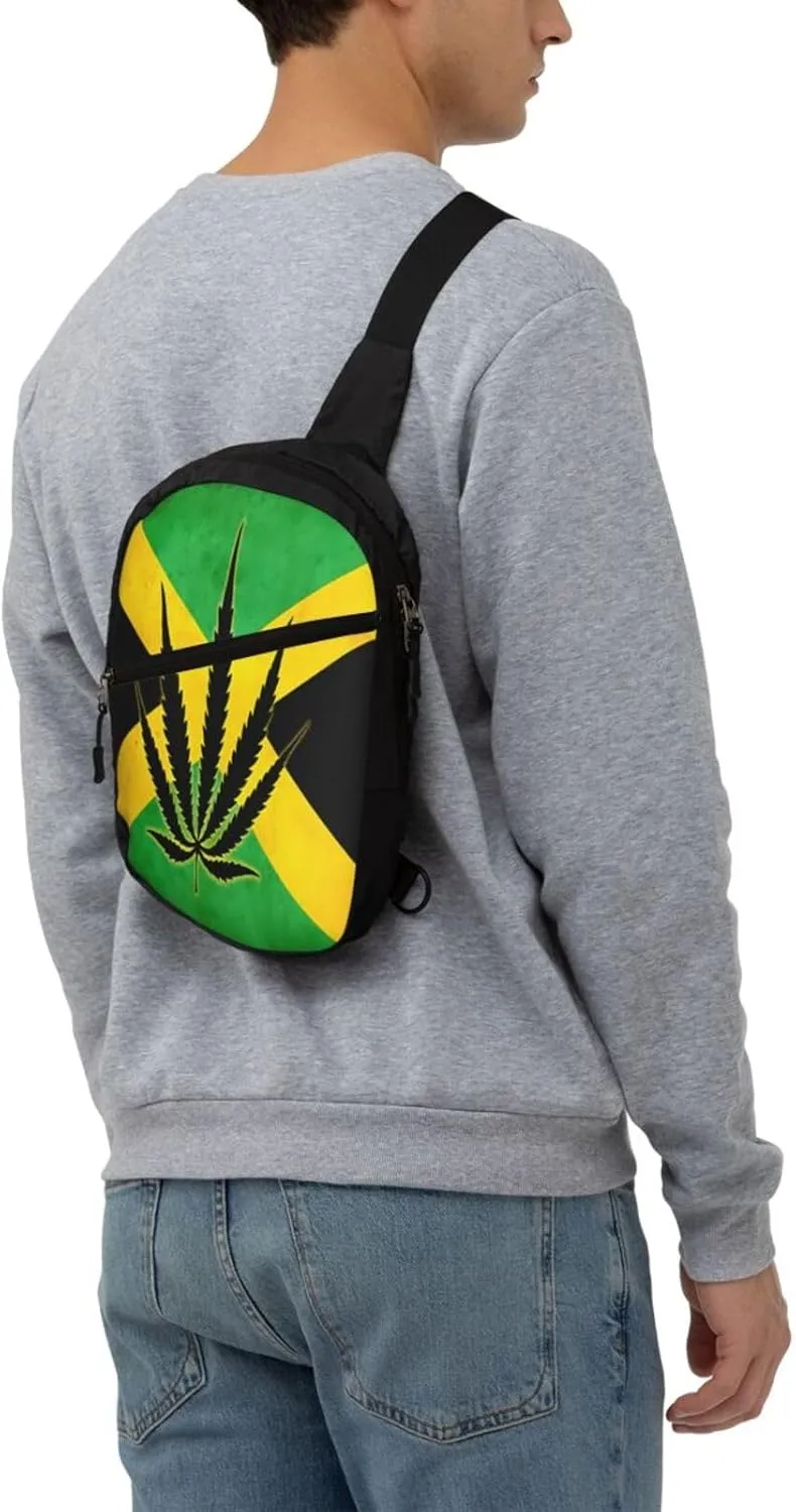 Jamaican Flag With Leaf Portable Crossbody Bag Foldable Sling Bags Sports Gym Chest Daypack Reusable Shoulder Backpack Casual Diagonally Rucksack Fanny Packs