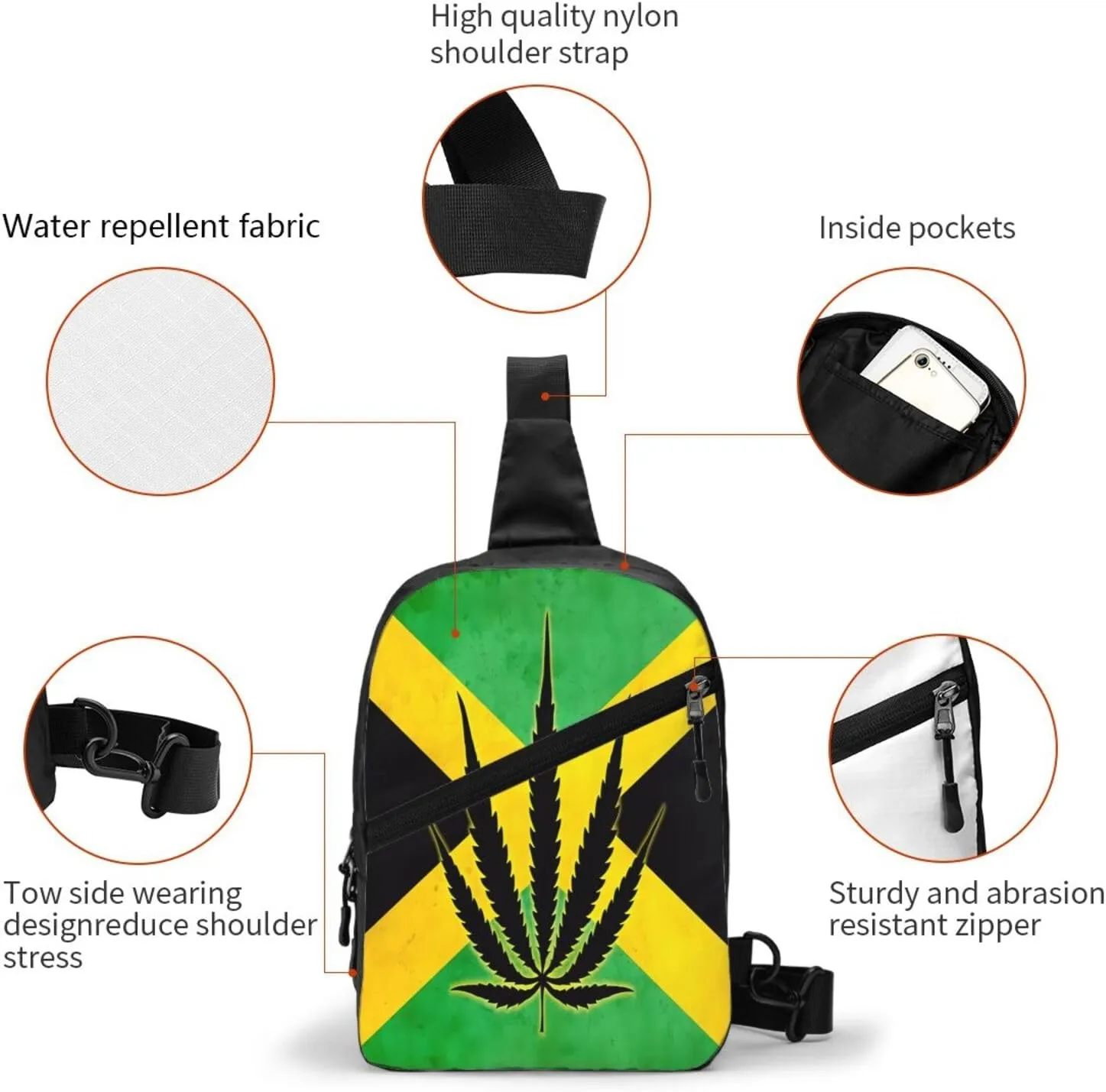 Jamaican Flag With Leaf Portable Crossbody Bag Foldable Sling Bags Sports Gym Chest Daypack Reusable Shoulder Backpack Casual Diagonally Rucksack Fanny Packs