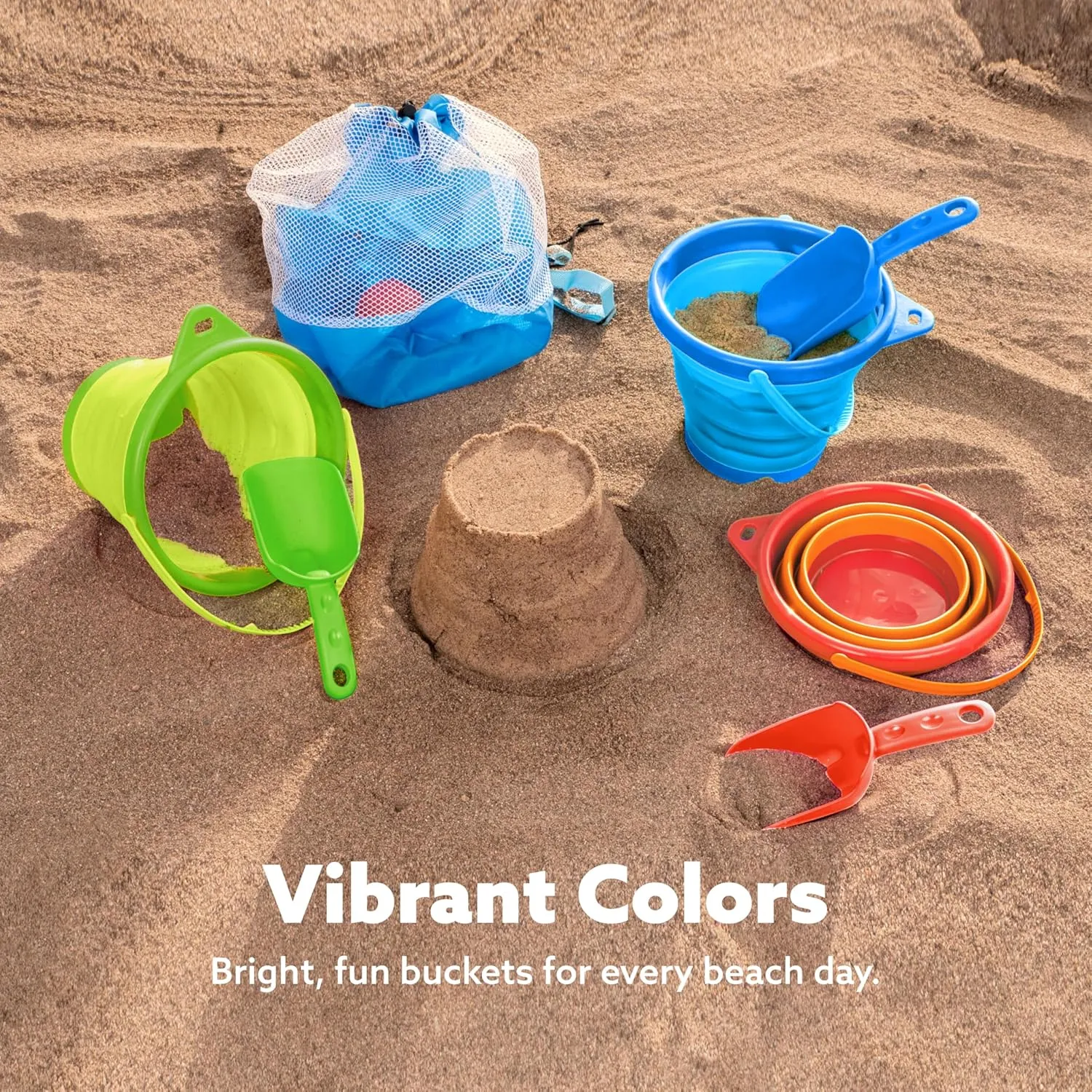 JOYIN 3 Packs Foldable Pail Bucket with Shovels & Mesh Bag, Collapsible Buckets Multi Purpose for Beach, Camping Gear, Beach Party, Fishing, and Fun Summer Activities (Orange/Blue/Green)