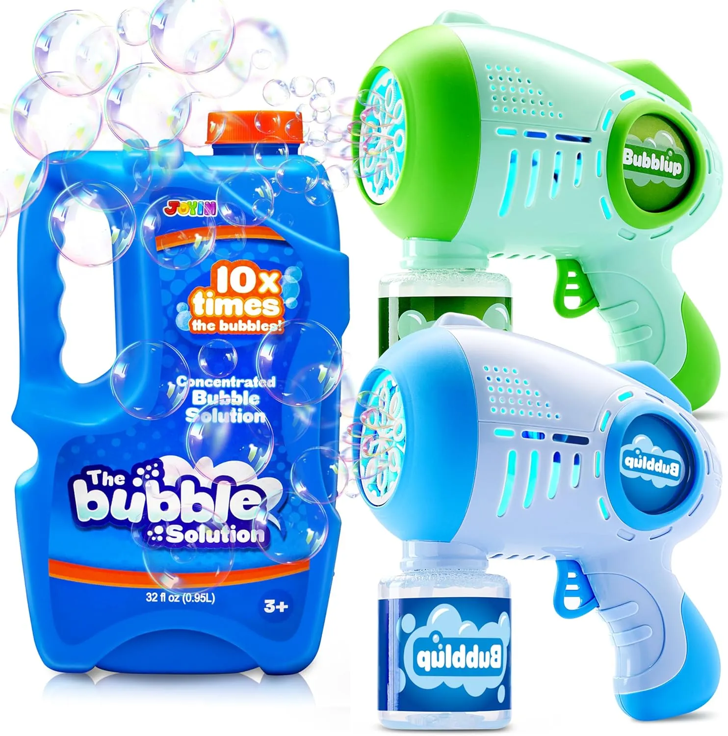 JOYIN 32 oz Bubble Concentrated Solution Refills, 2 Packs Bubble Guns with 4 Bottles Bubble Refill, 10 Holes Light Up Automatic Bubble Gun Machine for Kids, Outdoors, Summer Toys, Gift, Party Favors