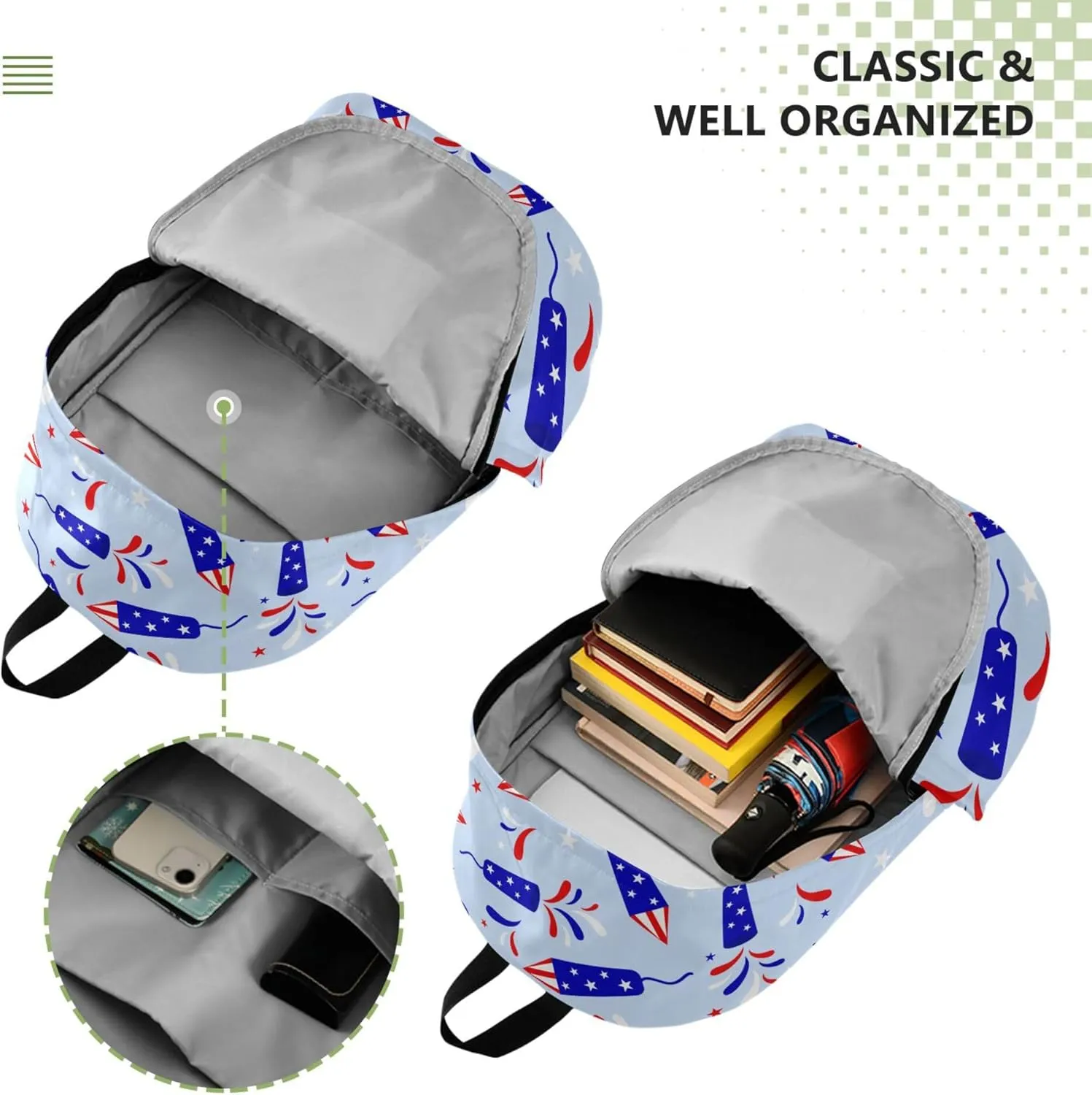 July 4th Rockets Fireworks Laptop Backpack Travel Hiking Camping Work Computer Back Packs Book Bags for Women Men