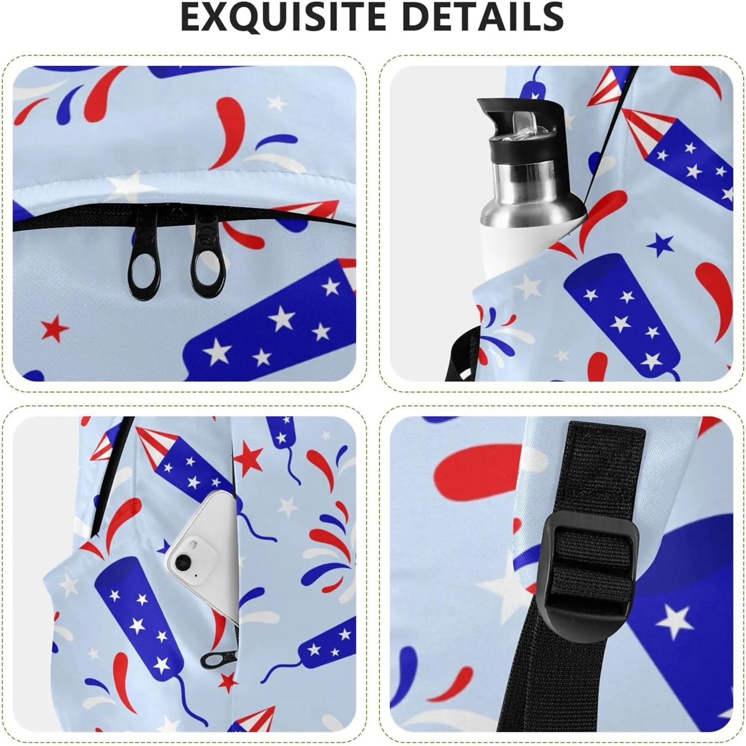 July 4th Rockets Fireworks Laptop Backpack Travel Hiking Camping Work Computer Back Packs Book Bags for Women Men