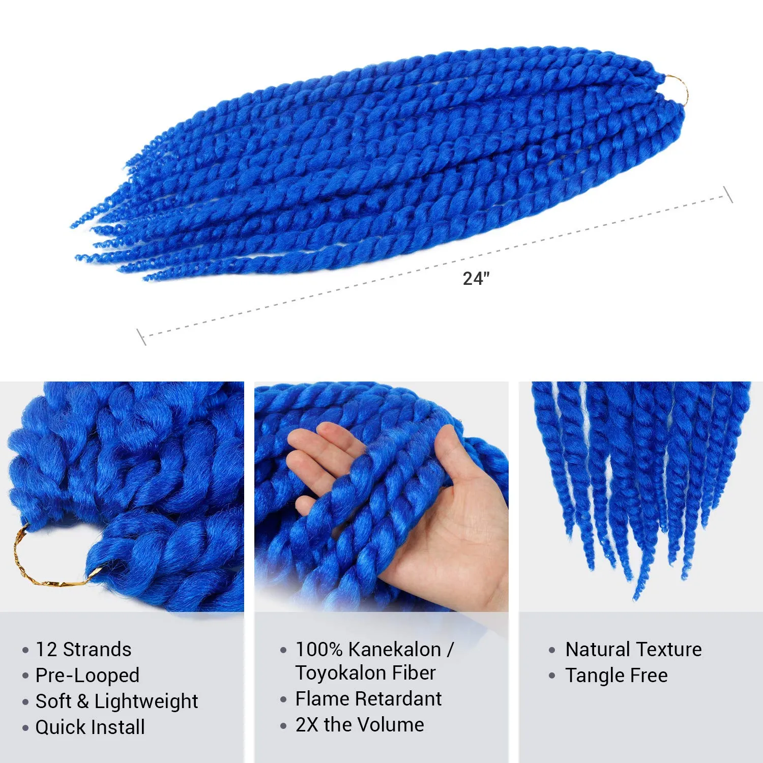 Jumbo Senegalese Twist Crochet Hair, 24 Inch, 8 Pack, Synthetic Extensions for Havana and Mambo Twist Styles, (Blue)