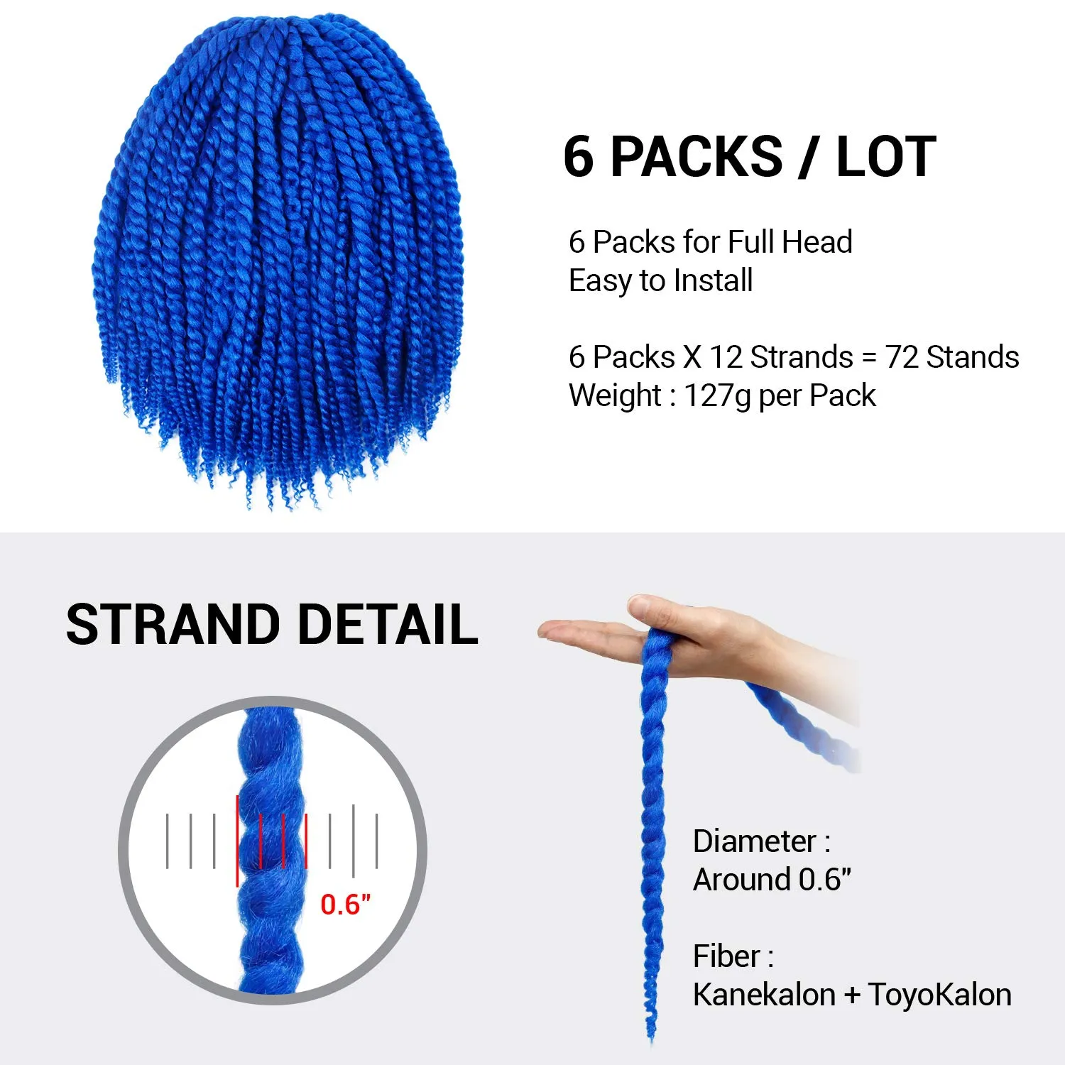 Jumbo Senegalese Twist Crochet Hair, 24 Inch, 8 Pack, Synthetic Extensions for Havana and Mambo Twist Styles, (Blue)